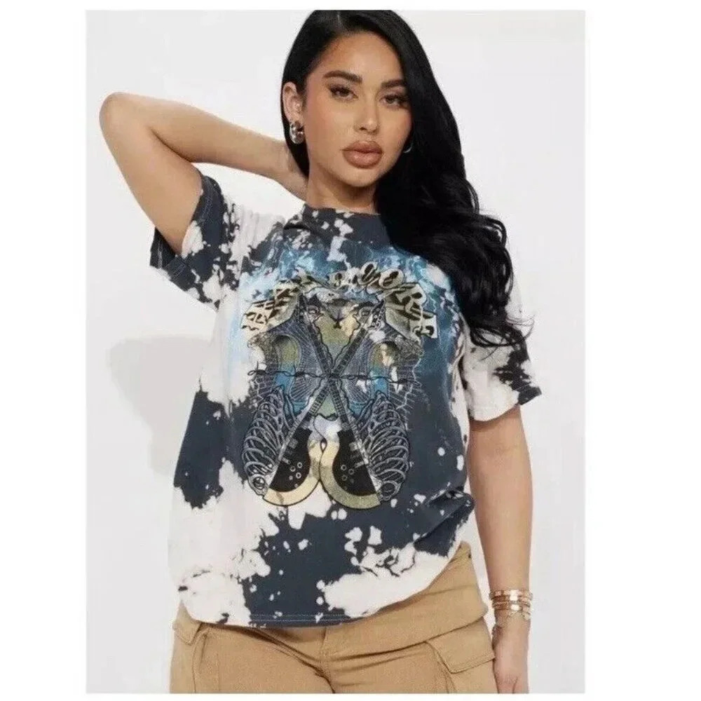 Fashion Nova Size S “Hardcore” Bleached Graphic Print T-Shirt. New With Tags